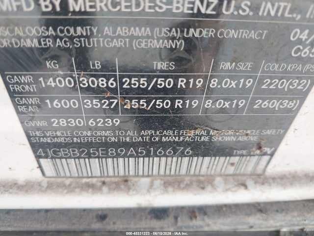 Aukcja sprzedaży 2009 Mercedes-benz Ml 320 Bluetec 4matic, vin: 4JGBB25E89A516676, numer aukcji: 45331223