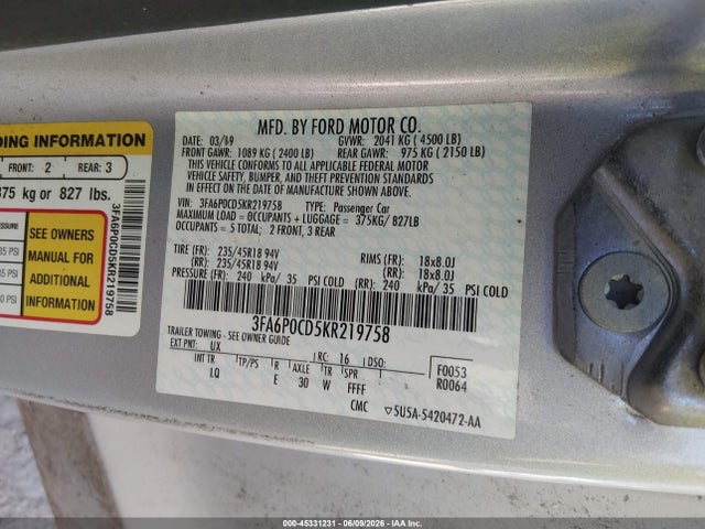 Aukcja sprzedaży 2019 Ford Fusion Sel, vin: 3FA6P0CD5KR219758, numer aukcji: 45331231
