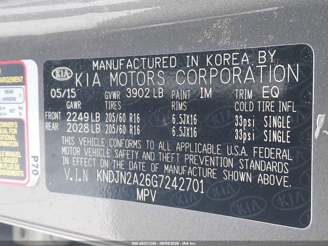 Aukcja sprzedaży 2016 Kia Soul, vin: KNDJN2A26G7242701, numer aukcji: 45331245