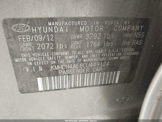 Aukcja sprzedaży 2012 Hyundai Elantra Gls (ulsan Plant), vin: KMHDH4AE8CU449124, numer aukcji: 45331248
