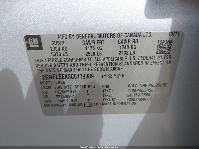 Продаж на аукціоні авто 2012 Chevrolet Equinox 1lt, vin: 2GNFLEEK8C6179089, номер лоту: 45331253