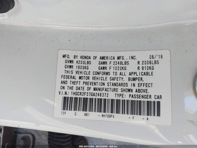 Honda ACCORD LX 2016 1HGCR2F37GA246372 Image 9