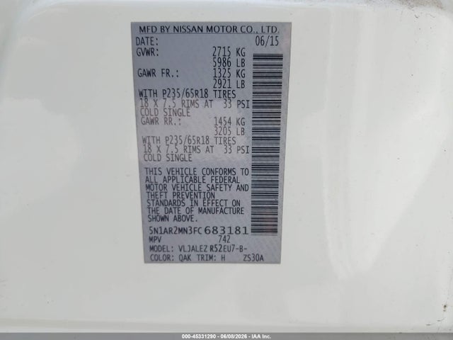 45331290 :رقم المزاد ، 5N1AR2MN3FC683181 vin ، 2015 Nissan Pathfinder Platinum/s/sl/sv مزاد بيع