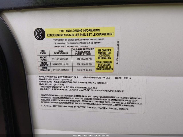 Продаж на аукціоні авто 2024 Grand Design Transcend, vin: 573TT3722R8830578, номер лоту: 45331301
