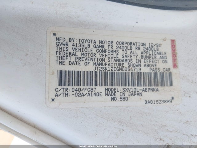 Aukcja sprzedaży 1992 Toyota Camry Le, vin: JT2SK12E6N0054713, numer aukcji: 45331306
