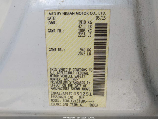 Aukcja sprzedaży 2015 Nissan Altima 2.5 S, vin: 1N4AL3AP1FC451251, numer aukcji: 45331308