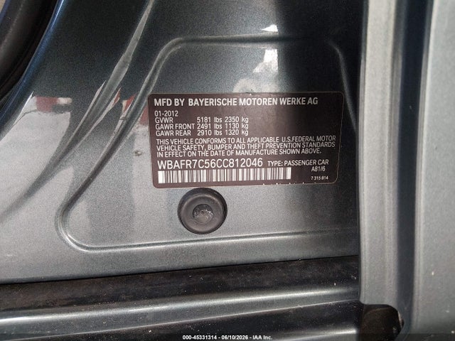 Aukcja sprzedaży 2012 Bmw 535i, vin: WBAFR7C56CC812046, numer aukcji: 45331314