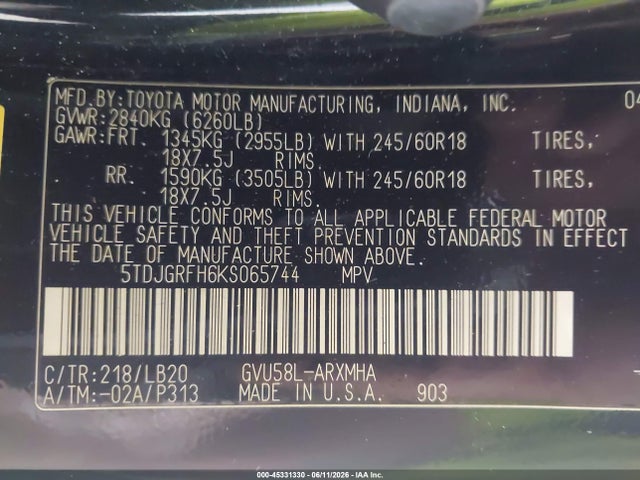 Aukcja sprzedaży 2019 Toyota Highlander Hybrid Xle, vin: 5TDJGRFH6KS065744, numer aukcji: 45331330