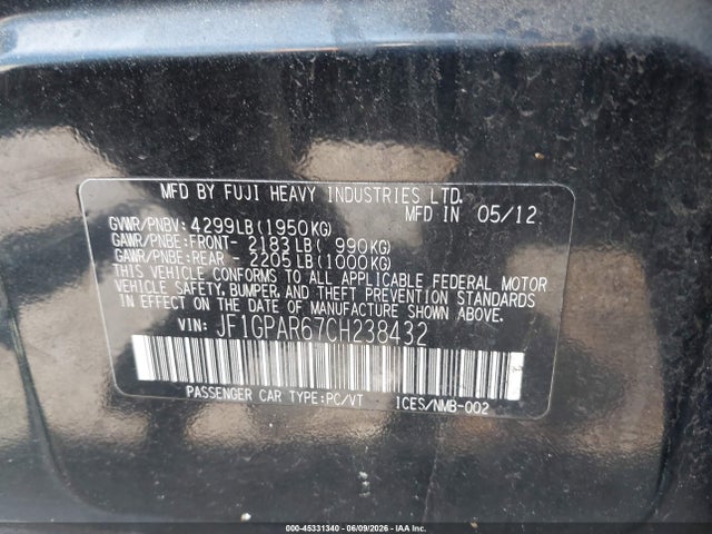 Aukcja sprzedaży 2012 Subaru Impreza 2.0i Sport Limited, vin: JF1GPAR67CH238432, numer aukcji: 45331340