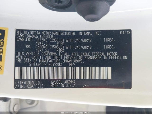 Aukcja sprzedaży 2018 Toyota Highlander Hybrid Xle, vin: 5TDJGRFH7JS042293, numer aukcji: 45331345