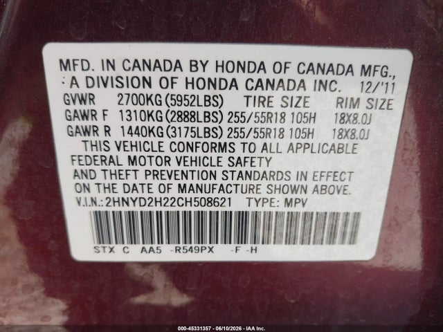 Aukcja sprzedaży 2012 Acura Mdx, vin: 2HNYD2H22CH508621, numer aukcji: 45331357