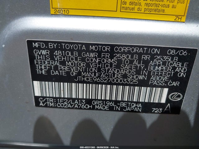 Aukcja sprzedaży 2007 Lexus Gs 350, vin: JTHCE96S270003325, numer aukcji: 45331365