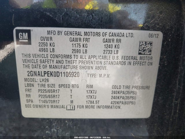 Продаж на аукціоні авто 2013 Chevrolet Equinox 2lt, vin: 2GNALPEK0D1106920, номер лоту: 45331368