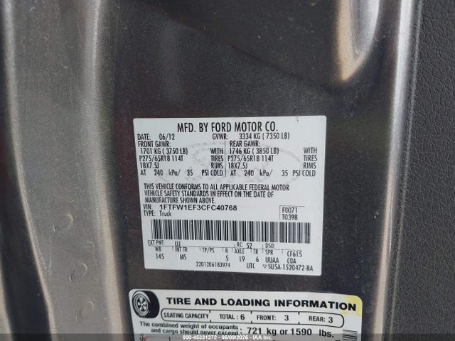 Продаж на аукціоні авто 2012 Ford F-150 Xlt, vin: 1FTFW1EF3CFC40768, номер лоту: 45331372