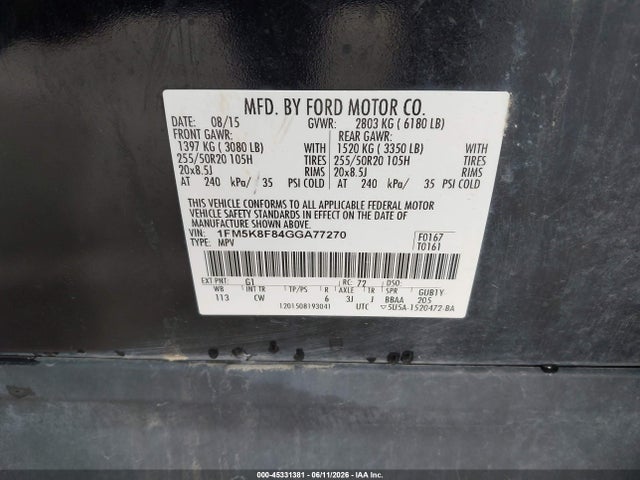 Ford Explorer Limited 2016 1FM5K8F84GGA77270 Image 9