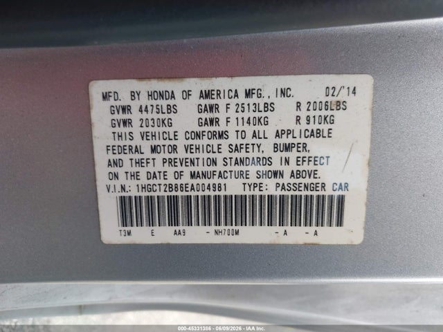 45331386 :رقم المزاد ، 1HGCT2B86EA004981 vin ، 2014 Honda Accord Ex-l V-6 مزاد بيع