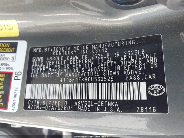 45331391 :رقم المزاد ، 4T1BF1FK9CU563529 vin ، 2012 Toyota Camry Le مزاد بيع