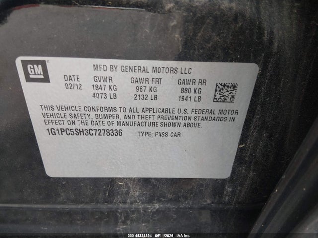 Продаж на аукціоні авто 2012 Chevrolet Cruze Ls, vin: 1G1PC5SH3C7278336, номер лоту: 45331394