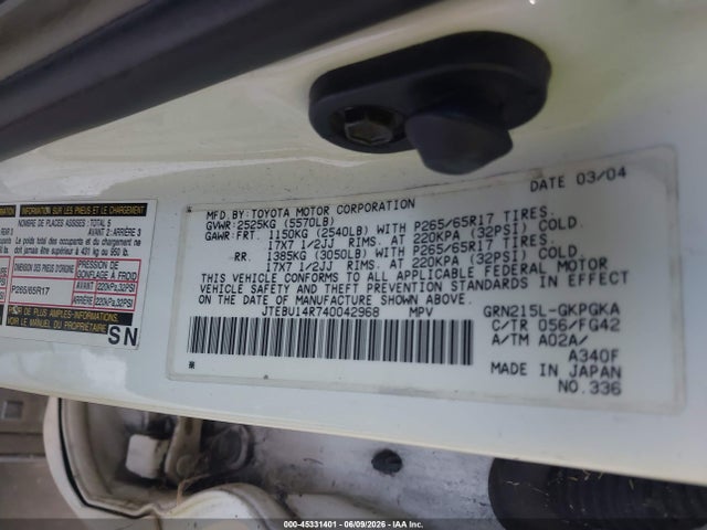 2004 Toyota 4runner Sr5 V6 მანქანა იყიდება აუქციონზე, vin: JTEBU14R740042968, აუქციონის ნომერი: 45331401