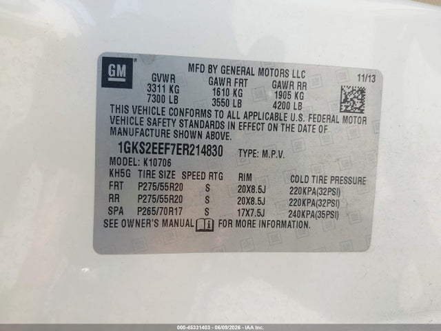 45331403 :رقم المزاد ، 1GKS2EEF7ER214830 vin ، 2014 Gmc Yukon Denali مزاد بيع