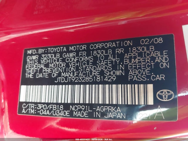 Aukcja sprzedaży 2008 Toyota Yaris, vin: JTDJT923285181429, numer aukcji: 45331423