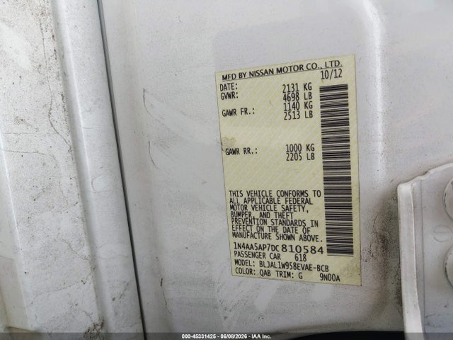 Aukcja sprzedaży 2013 Nissan Maxima 3.5 Sv, vin: 1N4AA5AP7DC810584, numer aukcji: 45331425