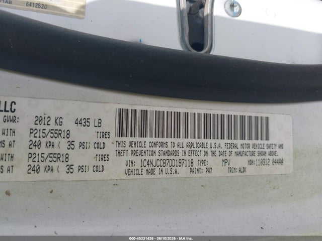 2013 Jeep Compass Limited მანქანა იყიდება აუქციონზე, vin: 1C4NJCCB7DD197118, აუქციონის ნომერი: 45331426