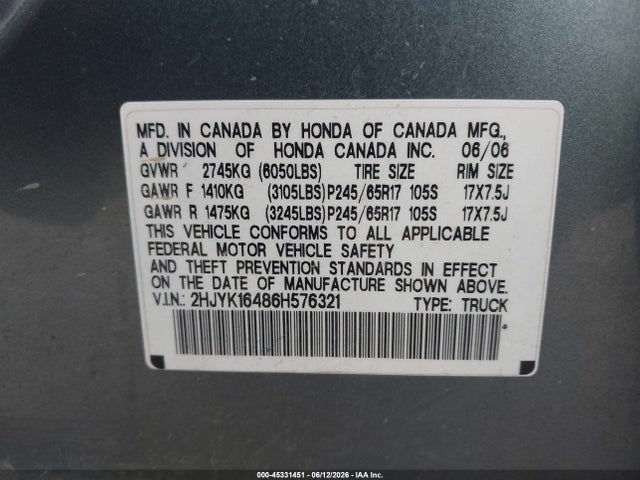 Продажа на аукционе авто 2006 Honda Ridgeline Rts, vin: 2HJYK16486H576321, номер лота: 45331451