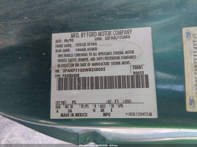 45331455 :رقم المزاد ، 3FAKP1132WR258005 vin ، 1998 Ford Escort Zx2 Cool/zx2 Hot مزاد بيع