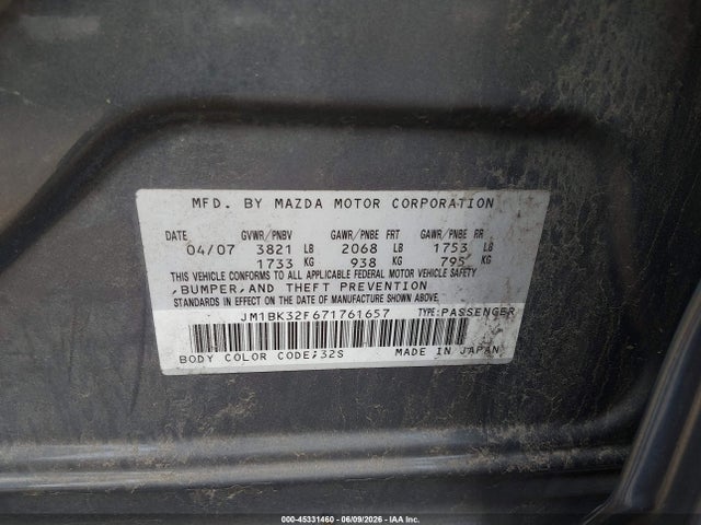 Aukcja sprzedaży 2007 Mazda Mazda3 I, vin: JM1BK32F671761657, numer aukcji: 45331460
