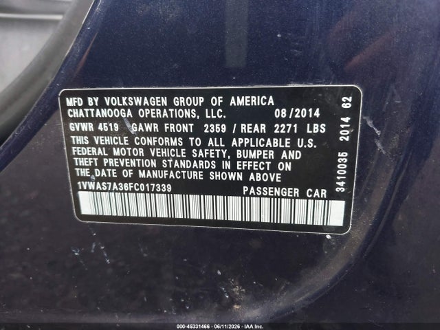 Продаж на аукціоні авто 2015 Volkswagen Passat 1.8t Wolfsburg Edition, vin: 1VWAS7A36FC017339, номер лоту: 45331466