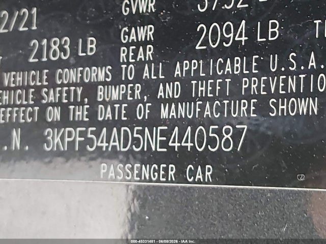 Aukcja sprzedaży 2022 Kia Forte Gt-line, vin: 3KPF54AD5NE440587, numer aukcji: 45331481