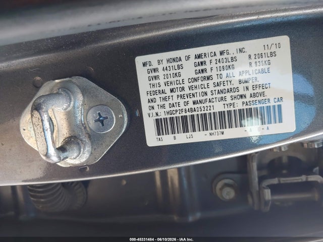 Aukcja sprzedaży 2011 Honda Accord 2.4 Ex-l, vin: 1HGCP2F84BA053221, numer aukcji: 45331484