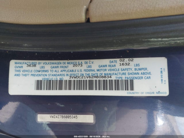 Aukcja sprzedaży 2002 Volkswagen Cabrio Glx, vin: 3VWDC21V62M808834, numer aukcji: 45331509