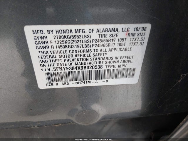 2009 Honda Pilot Ex მანქანა იყიდება აუქციონზე, vin: 5FNYF384X9B020538, აუქციონის ნომერი: 45331532