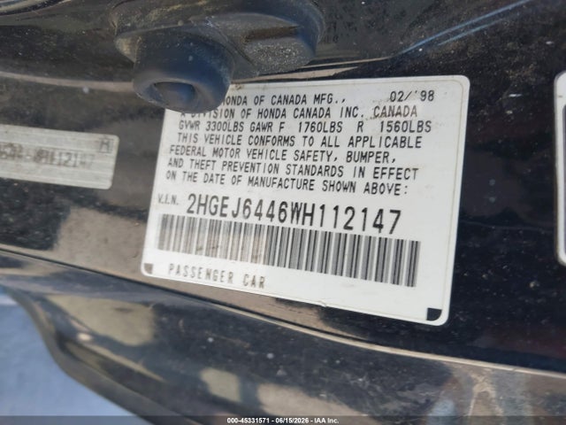 45331571 :رقم المزاد ، 2HGEJ6446WH112147 vin ، 1998 Honda Civic Dx مزاد بيع