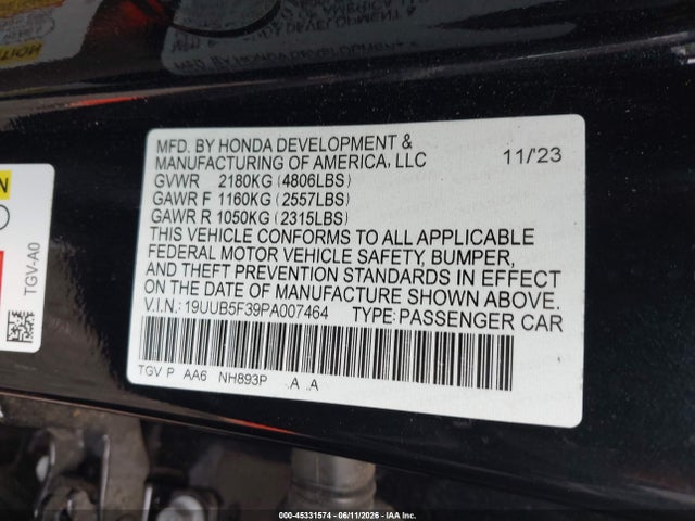 45331574 :رقم المزاد ، 19UUB5F39PA007464 vin ، 2023 Acura Tlx Standard مزاد بيع