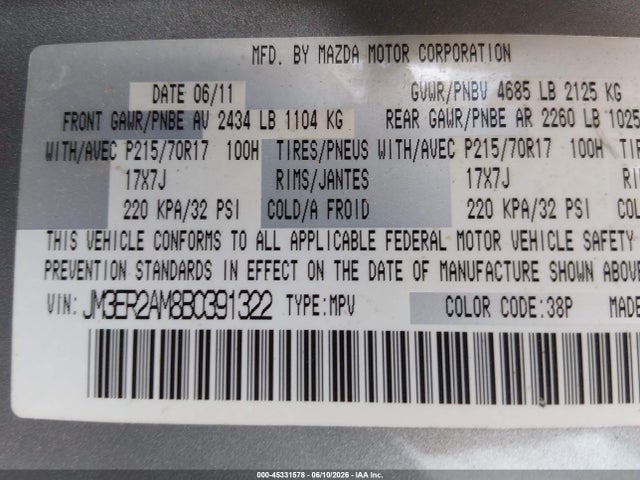 45331578 :رقم المزاد ، JM3ER2AM8B0391322 vin ، 2011 Mazda Cx-7 I Sv مزاد بيع
