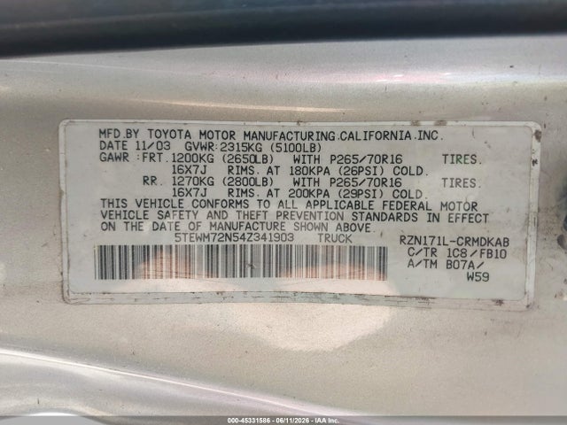 Aukcja sprzedaży 2004 Toyota Tacoma, vin: 5TEWM72N54Z341903, numer aukcji: 45331586
