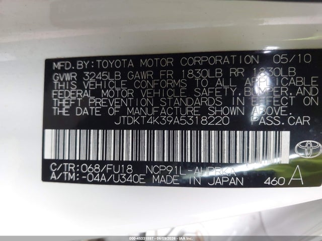 Aukcja sprzedaży 2010 Toyota Yaris, vin: JTDKT4K39A5318220, numer aukcji: 45331597
