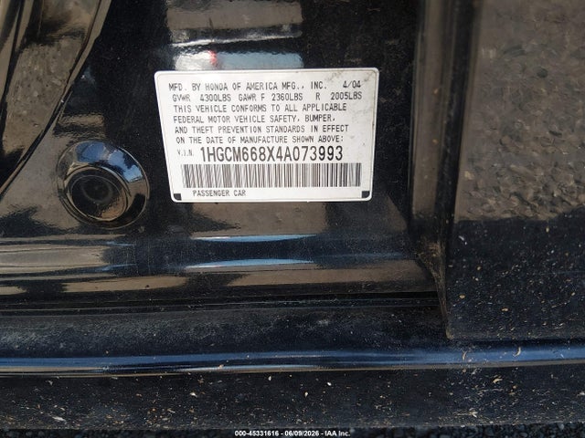 2004 Honda Accord 3.0 Ex მანქანა იყიდება აუქციონზე, vin: 1HGCM668X4A073993, აუქციონის ნომერი: 45331616