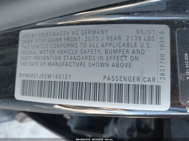 2002 Volkswagen Jetta Gls 2.0l მანქანა იყიდება აუქციონზე, vin: WVWSK61J52W143121, აუქციონის ნომერი: 45331619