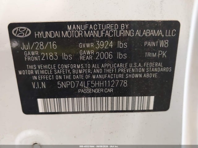 2017 Hyundai Elantra Se მანქანა იყიდება აუქციონზე, vin: 5NPD74LF5HH112778, აუქციონის ნომერი: 45331644