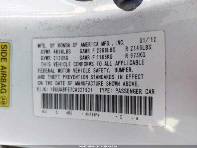 Auction sale of the 2012 Acura Tl 3.5, vin: 19UUA8F57CA021931, lot number: 45331653