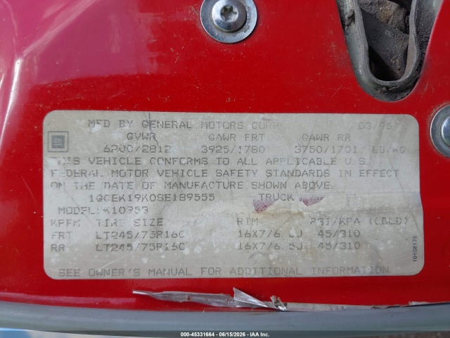 45331664 :رقم المزاد ، 1GCEK19K0SE189555 vin ، 1995 Chevrolet Gmt-400 K1500 مزاد بيع