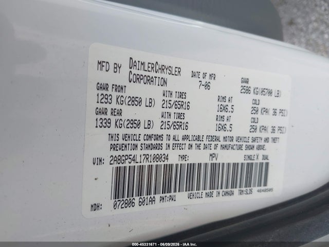 Aukcja sprzedaży 2007 Chrysler Town & Country Touring, vin: 2A8GP54L17R108034, numer aukcji: 45331671