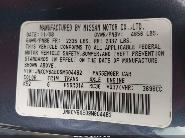 Aukcja sprzedaży 2009 Infiniti G37 Sport, vin: JNKCV64E09M604482, numer aukcji: 45331674