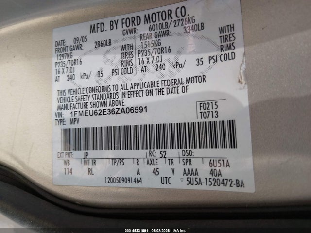 Aukcja sprzedaży 2006 Ford Explorer Xls, vin: 1FMEU62E36ZA06591, numer aukcji: 45331691