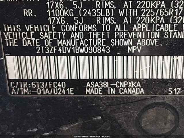 Продаж на аукціоні авто 2011 Toyota Rav4, vin: 2T3ZF4DV1BW090843, номер лоту: 45331695