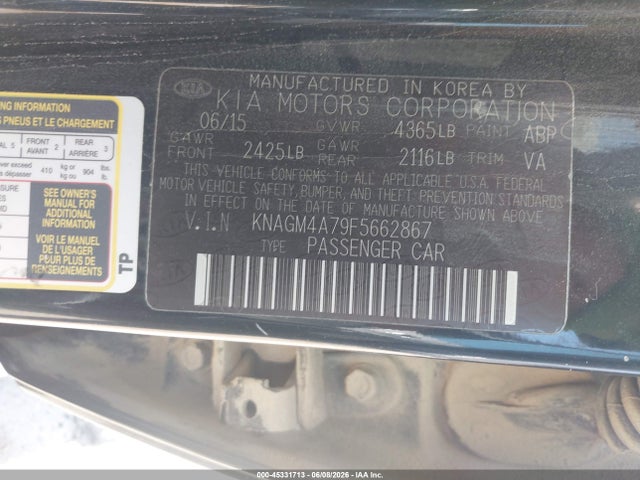 2015 Kia Optima Lx მანქანა იყიდება აუქციონზე, vin: KNAGM4A79F5662867, აუქციონის ნომერი: 45331713